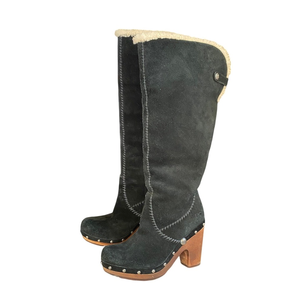 UGG Lynnea Suede Tall Shearling Clog Boots Black 7 Studded Boho Y2K Scandi Retro